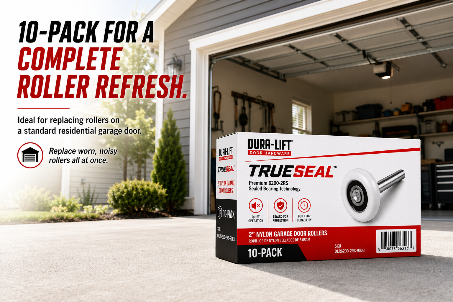 Dura-Lift TrueSeal Garage Door White Roller, 200K-Cycle Sealed Bearing, 10-Pack