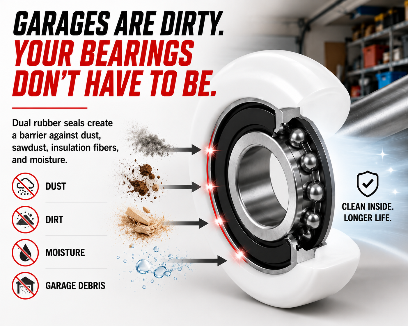 Dura-Lift TrueSeal Garage Door White Roller, 200K-Cycle Sealed Bearing, 10-Pack