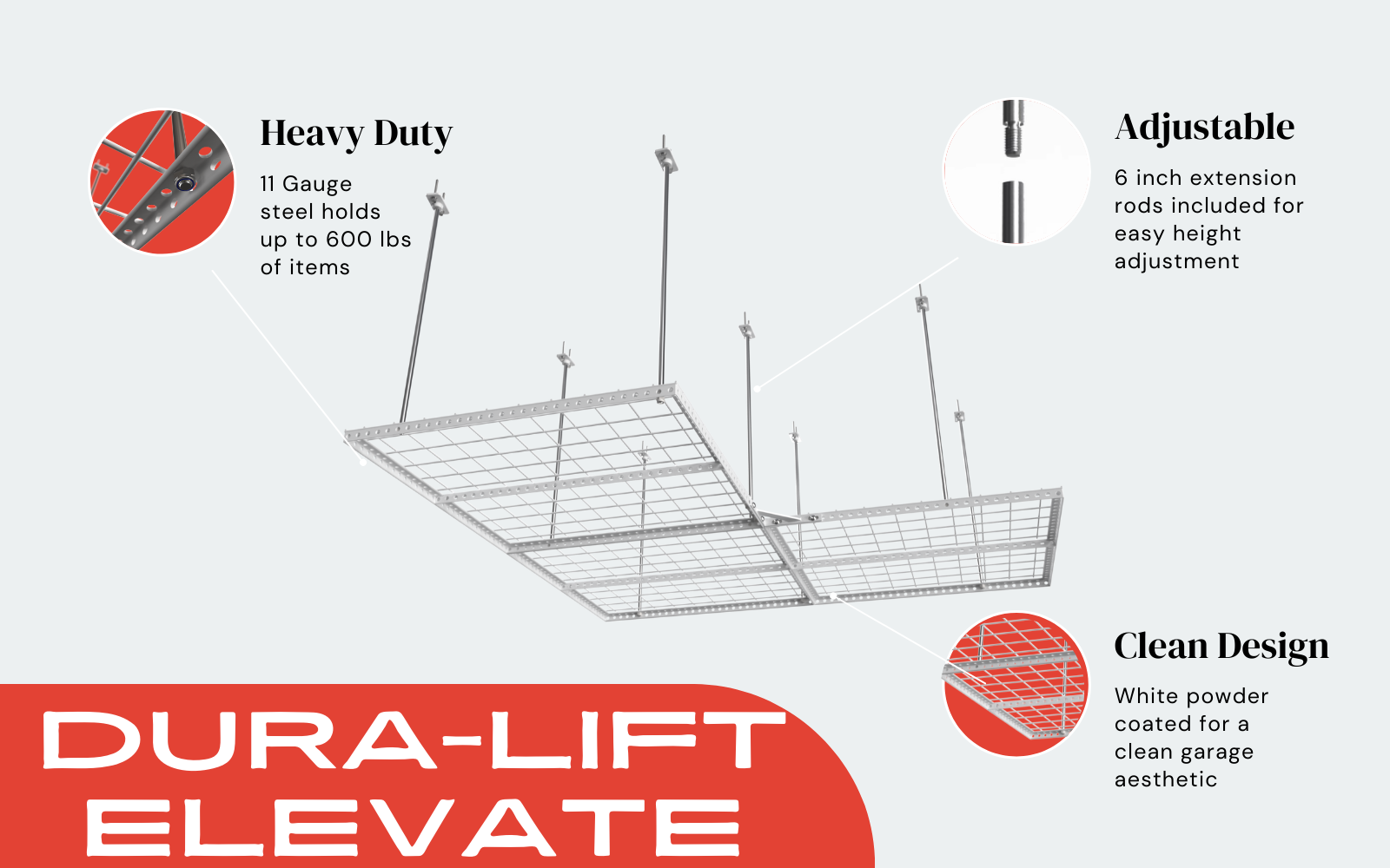 Dura-Lift Elevate Adjustable Height Overhead Garage Door Ceiling Quad L Storage Platform (31 in. W x 124 in D) -PQUADL