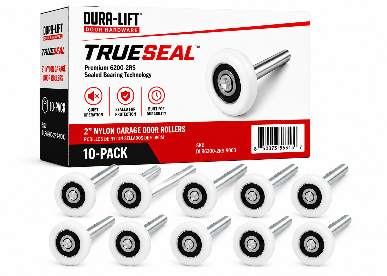 Dura-Lift TrueSeal Garage Door White Roller, 200K-Cycle Sealed Bearing, 10-Pack