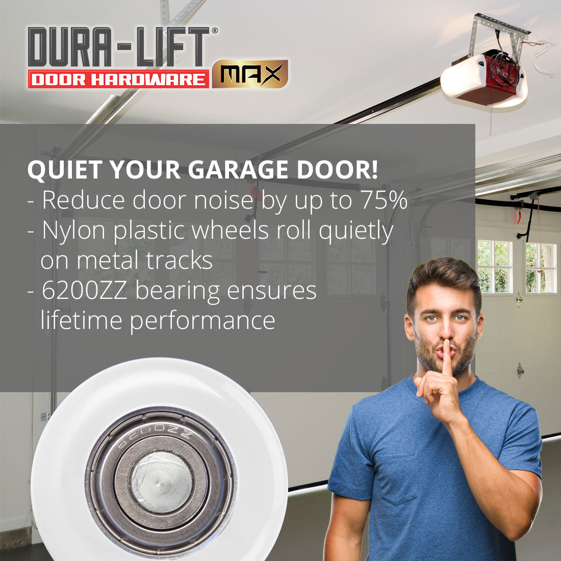 DURA-LIFT Ultra-Life Max 2 in. Nylon Garage Door Roller w/ Sealed 6200ZZ Bearing & 4-in. Stem